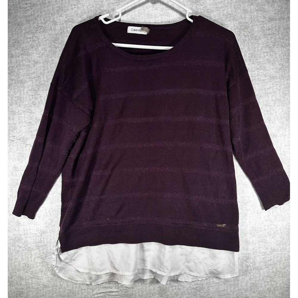 Calvin Klein Womens Size L Maroon Sweater White Trim 3/4 Sleeve Metallic Striped